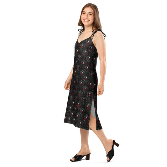 Bloody Skulls & Red Roses pattern on women's tie-strap slip dress, left-front view