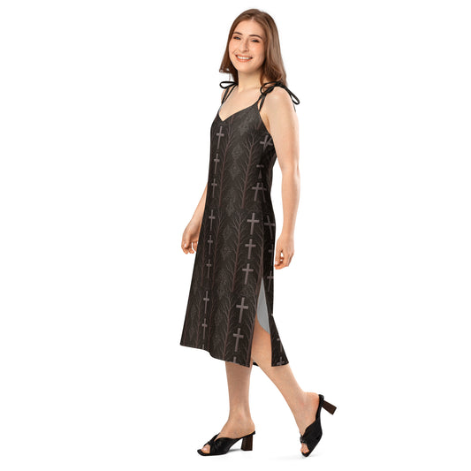 Gothic Cross & Dead Trees pattern on women's tie-strap slip dress, left-front view