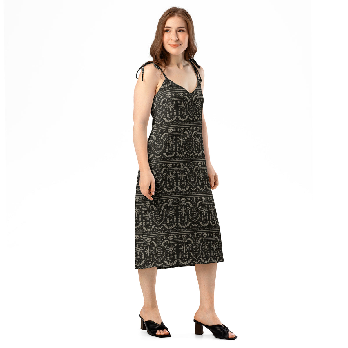 Krampus Christmas Pattern pattern on women's tie-strap slip dress, right-front view