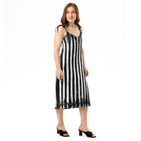 Distressed Vertical Stripes pattern on women's tie-strap slip dress, right-front view