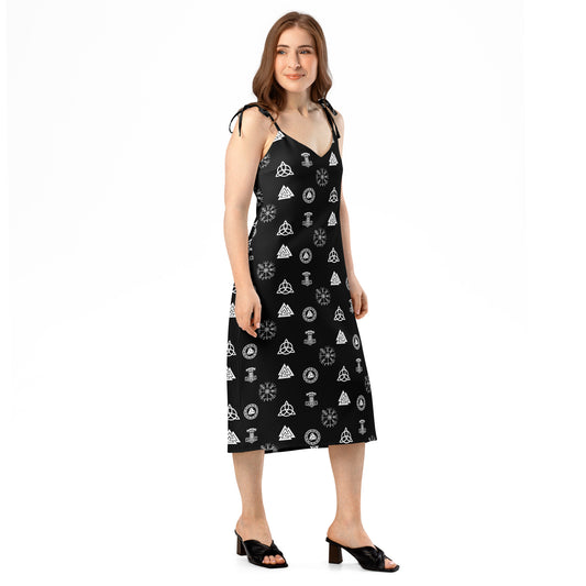 Viking Runes & Norse Symbols pattern on women's tie-strap slip dress, right-front view