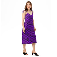 Purple Haunted Mansion pattern on women's tie-strap slip dress, right-front view