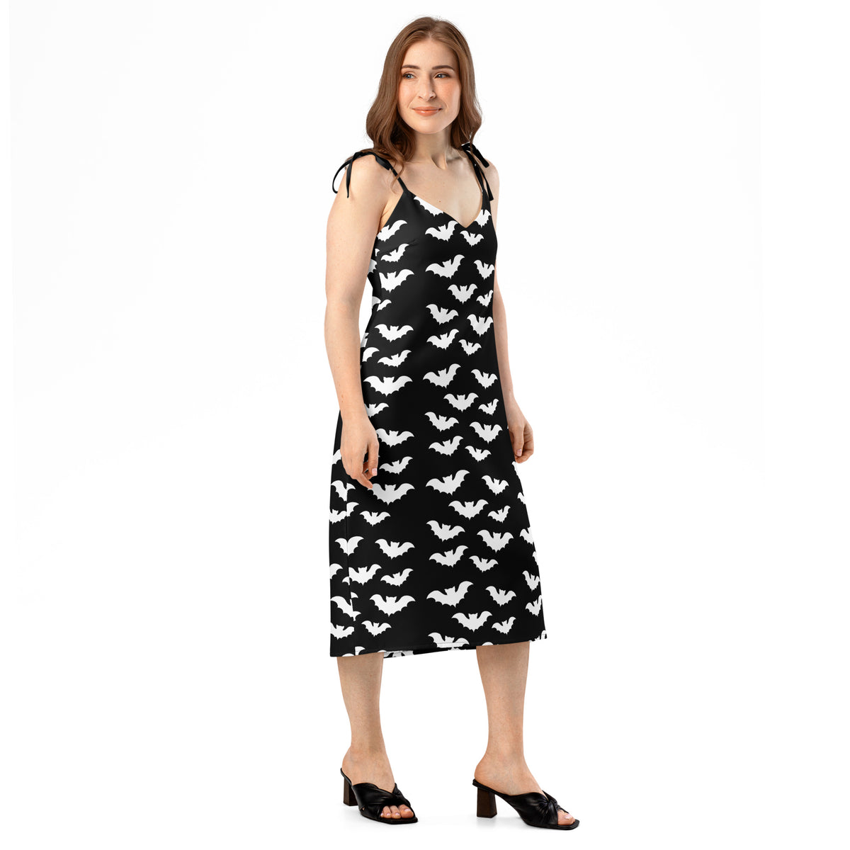 Flying Vampire Bats pattern on women's tie-strap slip dress, right-front view