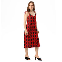 Red Krampus pattern on women's tie-strap slip dress, right-front view