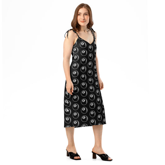 8 Ball Billiards pattern on women's tie-strap slip dress, right-front view