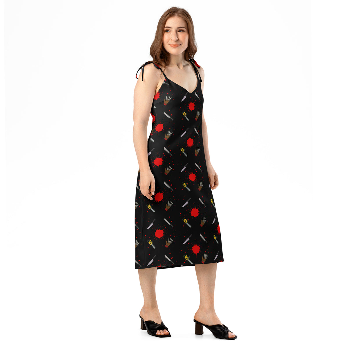 Classic Horror Weapons pattern on women's tie-strap slip dress, right-front view