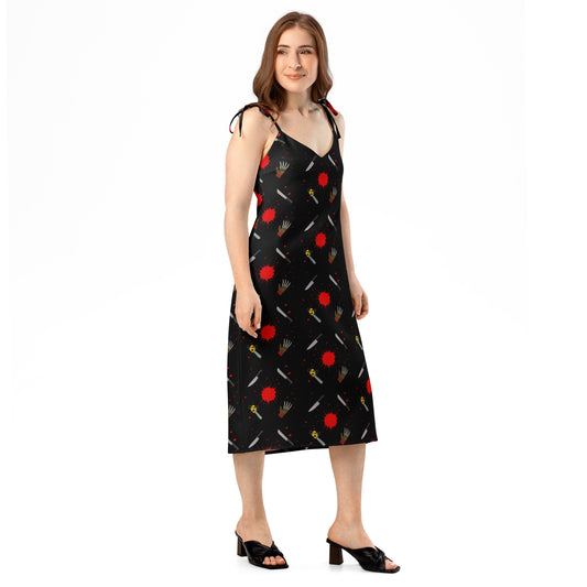 Classic Horror Weapons pattern on women's tie-strap slip dress, right-front view