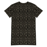 Krampus Christmas Pattern pattern on women's oversized T-shirt dress, back view