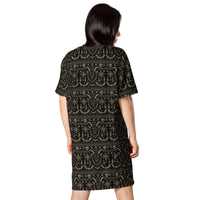 Krampus Christmas Pattern pattern on women's oversized T-shirt dress, back view