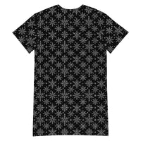 Gothic Snowflakes pattern on women's oversized T-shirt dress, back view