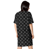 Gothic Snowflakes pattern on women's oversized T-shirt dress, back view