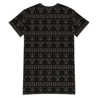 Gothic Christmas Tree pattern on women's oversized T-shirt dress, back view