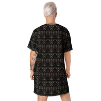 Gothic Christmas Tree pattern on women's oversized T-shirt dress, back view