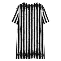 Distressed Vertical Stripes pattern on women's oversized T-shirt dress, back view