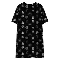 Demonology Occult Symbols pattern on women's oversized T-shirt dress, back view