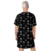 Demonology Occult Symbols pattern on women's oversized T-shirt dress, back view