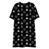 Viking Runes & Norse Symbols pattern on women's oversized T-shirt dress, back view