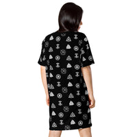 Viking Runes & Norse Symbols pattern on women's oversized T-shirt dress, back view