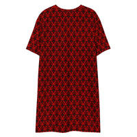 Red Haunted Mansion pattern on women's oversized T-shirt dress, back view