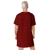 Red Haunted Mansion pattern on women's oversized T-shirt dress, back view
