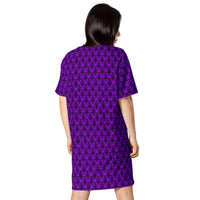 Purple Haunted Mansion pattern on women's oversized T-shirt dress, back view