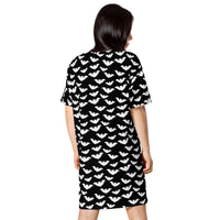 Flying Vampire Bats pattern on women's oversized T-shirt dress, back view