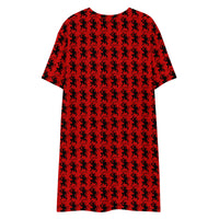 Red Krampus pattern on women's oversized T-shirt dress, back view