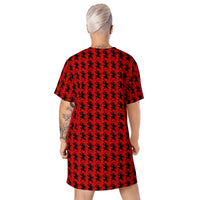 Red Krampus pattern on women's oversized T-shirt dress, back view
