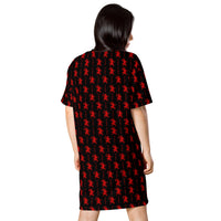 Black Krampus pattern on women's oversized T-shirt dress, back view