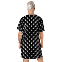 Devil Horns Bone Hands pattern on women's oversized T-shirt dress, back view