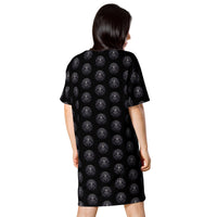 All-Seeing Eye Medallions pattern on women's oversized T-shirt dress, back view