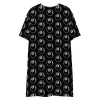 8 Ball Billiards pattern on women's oversized T-shirt dress, back view