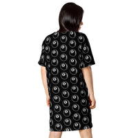 8 Ball Billiards pattern on women's oversized T-shirt dress, back view