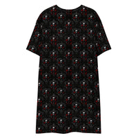 Bloody Skulls & Red Roses pattern on women's oversized T-shirt dress, back view
