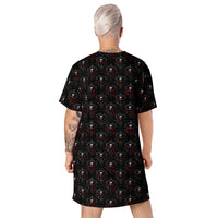 Bloody Skulls & Red Roses pattern on women's oversized T-shirt dress, back view