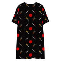 Classic Horror Weapons pattern on women's oversized T-shirt dress, back view