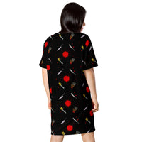 Classic Horror Weapons pattern on women's oversized T-shirt dress, back view
