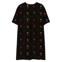 Skulls Bats Roses & Ravens pattern on women's oversized T-shirt dress, back view