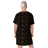 Skulls Bats Roses & Ravens pattern on women's oversized T-shirt dress, back view
