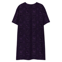Purple Tarot Cards pattern on women's oversized T-shirt dress, back view