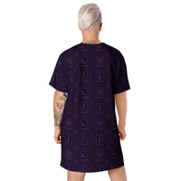 Purple Tarot Cards pattern on women's oversized T-shirt dress, back view