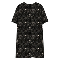 Skulls & Roses pattern on women's oversized T-shirt dress, back view