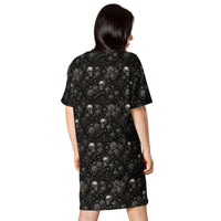 Skulls & Roses pattern on women's oversized T-shirt dress, back view