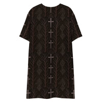 Gothic Cross & Dead Trees pattern on women's oversized T-shirt dress, back view