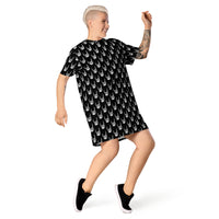 Devil Horns Bone Hands pattern on women's oversized T-shirt dress, front view