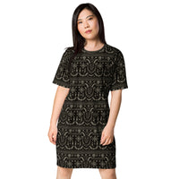 Krampus Christmas Pattern pattern on women's oversized T-shirt dress, front view