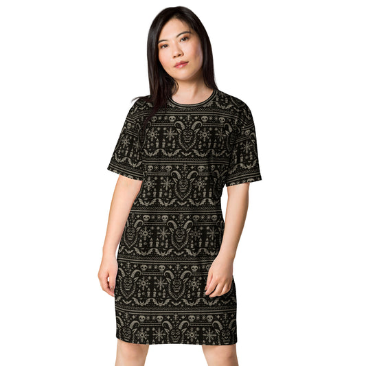 Krampus Christmas Pattern pattern on women's oversized T-shirt dress, front view