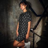 Gothic Snowflakes pattern on women's oversized T-shirt dress, front view