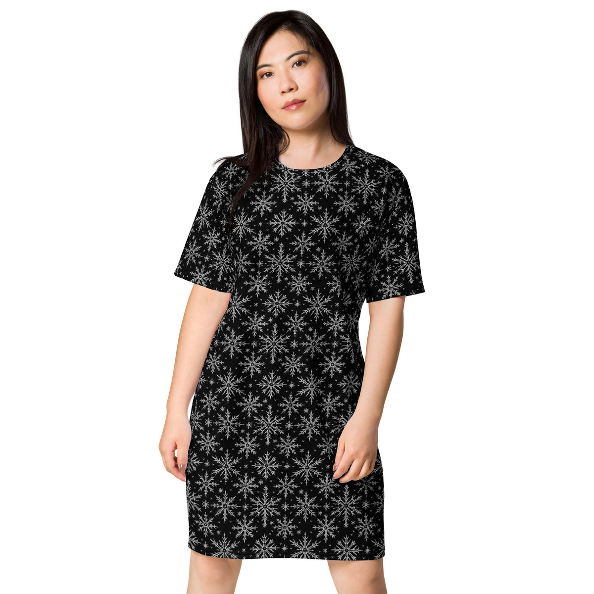 Gothic Snowflakes pattern on women's oversized T-shirt dress, front view