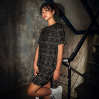 Gothic Christmas Tree pattern on women's oversized T-shirt dress, front view
